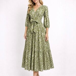 CAARA 100% Cotton Green Floral Tiered Midi Dress Puff Sleeves Self-Tie Belt Sz S